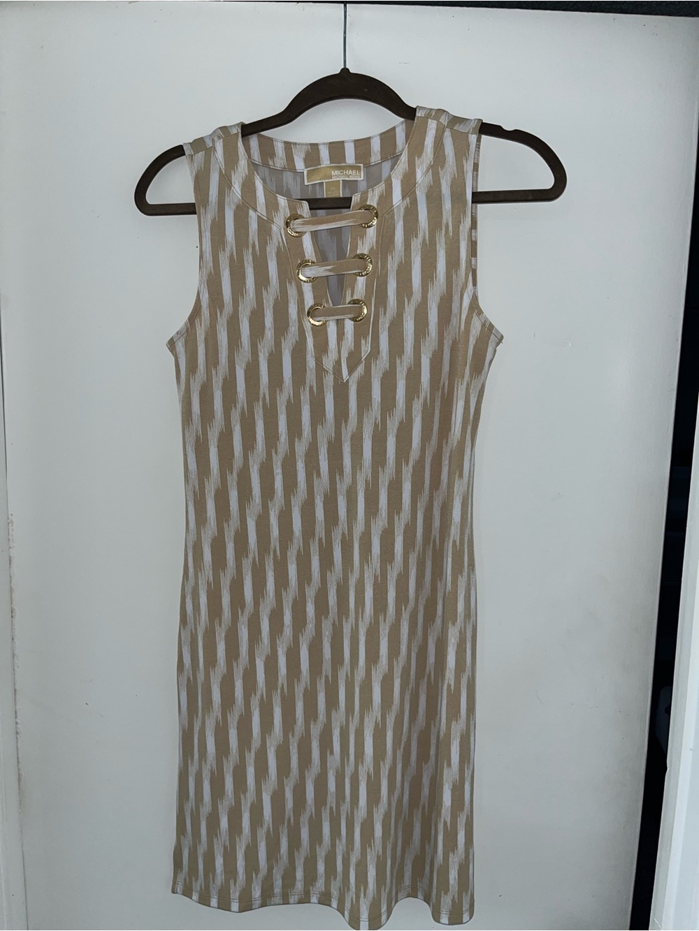 Michael Kors Tan & White Sleeveless Sheath Dress with Gold Hardware